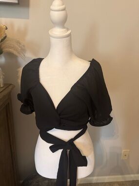 Black Wrap Front Puff Sleeve Crop Top - Women